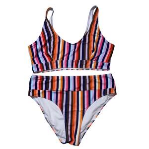 Womens 2XL Multicolor Striped High Waisted Stretchy 2 Piece Bikini